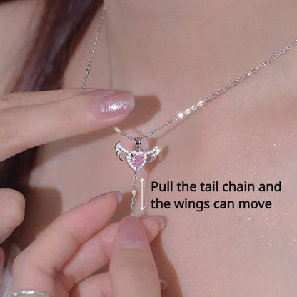 Moving Cupid Heart Angel Wings Tassel Necklace With Crystal Chain Women Jewelry Gift Valentine's Day