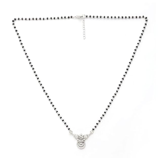 Silver Mangalsutra in 925 Sterling Silver Contemporary Design with Earrings and Chain Platinum Plated Swiss Zirconia