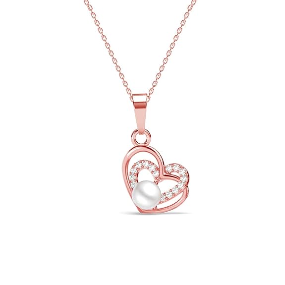 Pearl Heart Necklace in Sterling Silver Adah Freshwater Pearl Pendant Design with Rose Gold Plated Swiss Zirconia