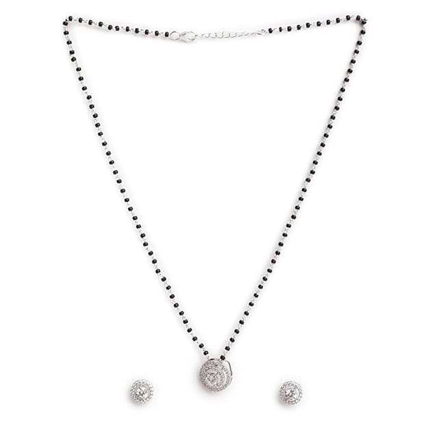 Mangalsutra with Earrings in 925 Sterling Silver Contemporary Stone Studded Platinum Plated Jewellery Set