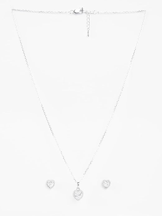 Diamond Pendant Set with Earrings in Sterling Silver Zilvia Heart Solitaire Design with Platinum Plated Swiss Zirconia