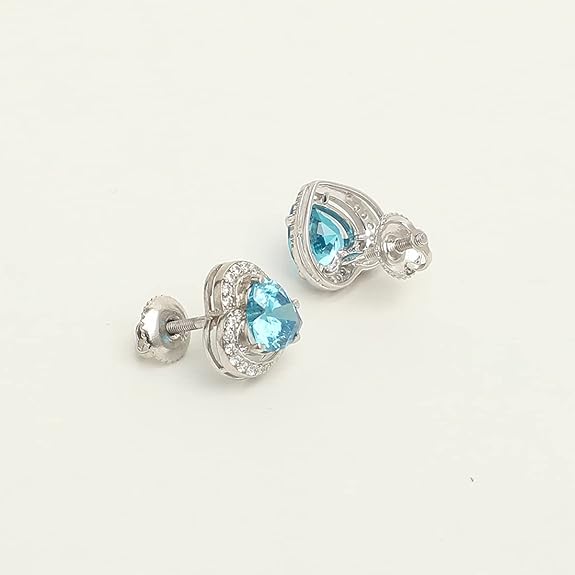 Heart Diamond Earrings in 925 Sterling Silver with Sky Blue Zirconia Design