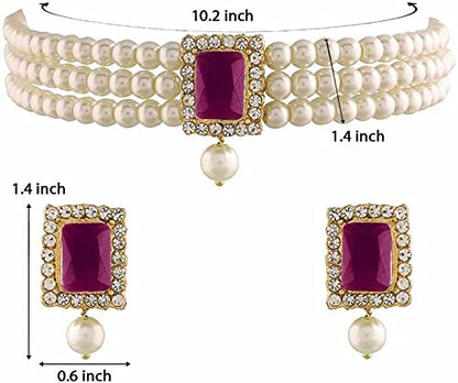 Pearl Choker Necklace in Gold Plated Traditional Stone and Pearl Choker Necklace Jewellery Set for Women