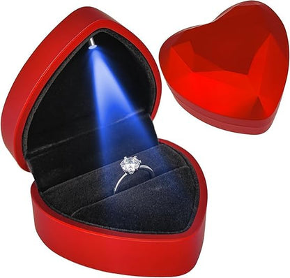 Light Up Engagement Red Ring Box with LED in Luxury Heart Velvet Design