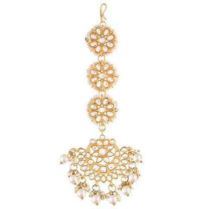 Mang Tikka for Women in 18K Gold Plated Matte Finish Kundan & Faux Pearl Chandbali Set