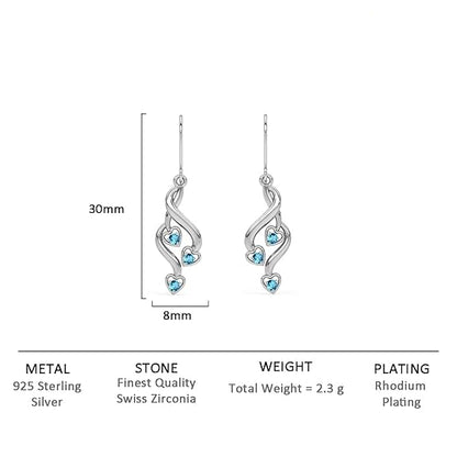 Silver Heart Earrings Dangle in 925 Sterling Silver Valentina Design with Rhodium Plated Swiss Zirconia