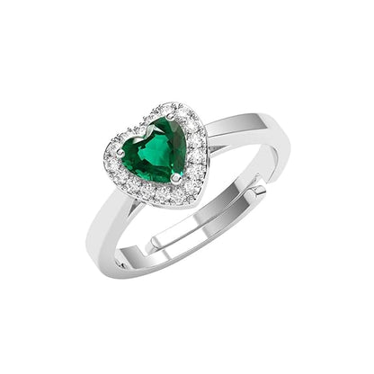 Heart Shaped Silver Ring in Pure 925 Sterling Silver Green Heart Solitaire Design with Adjustable Band