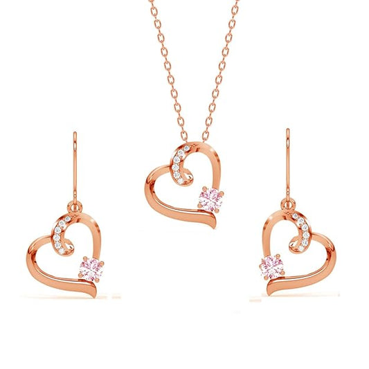 Pink Heart Jewelry Set in Sterling Silver Pendant and Earring Design with Rose Gold Plated Swiss Zirconia