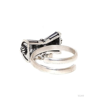 Silver Tone Damru Oxidised Ring