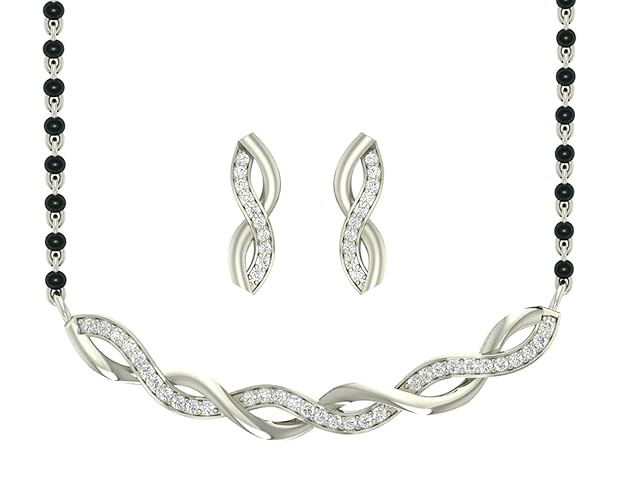 Mangalsutra Online in 925 Sterling Silver Stone Studded Contemporary Design with Earrings and Chain