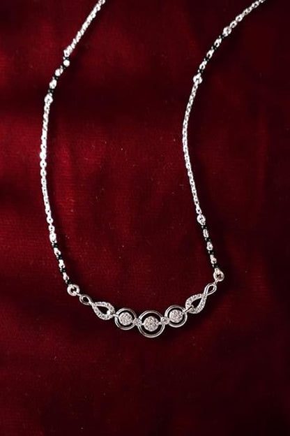 Traditional Mangalsutra in 925 Sterling Silver Tanmaniya Pendant with Black Beads Chain Platinum Plated Swiss Zirconia