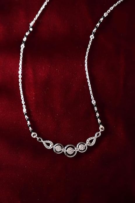 Traditional Mangalsutra in 925 Sterling Silver Tanmaniya Pendant with Black Beads Chain Platinum Plated Swiss Zirconia