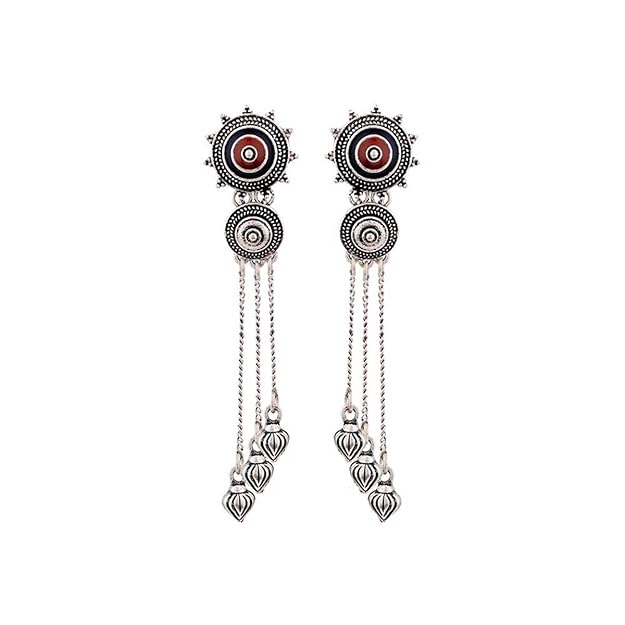 Silver Pearl Drop Earrings in Mandala Tassel Drop Design for Women and Girls