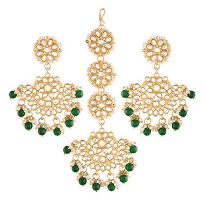 Dulhan Mang Tika in Gold Plated Traditional Kundan & Faux Pearl Chandbali Earring Set