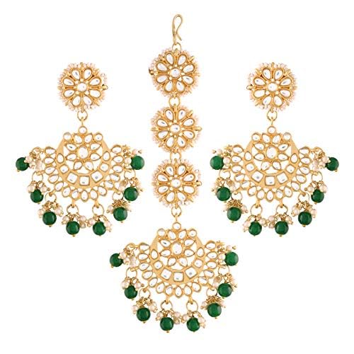 Mang Tikka for Women in 18K Gold Plated Matte Finish Kundan & Faux Pearl Chandbali Set