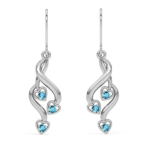Silver Heart Earrings Dangle in 925 Sterling Silver Valentina Design with Rhodium Plated Swiss Zirconia