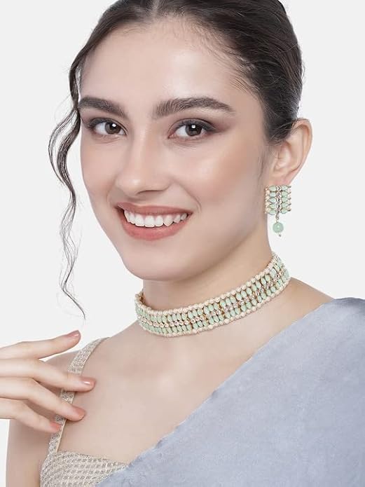 Pearl Choker Necklace Indian in Gold Plated Traditional Kundan and Pearl Choker Necklace Jewellery Set for Women and Girls