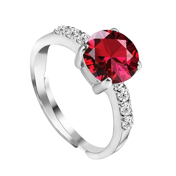 Red Heart Silver Ring in 925 Sterling Silver Round Stone Design with Adjustable Band