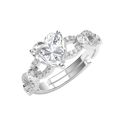 Silver Heart Ring with Diamonds in Pure 925 Sterling Silver Swiss Zircon Platinum Plated Design with Adjustable Band