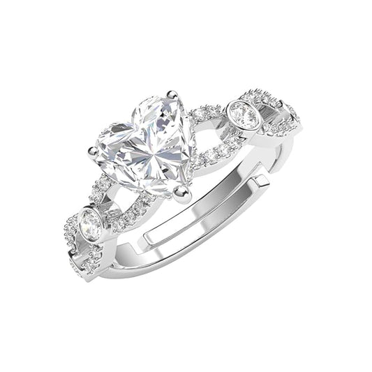 Silver Heart Ring with Diamonds in Pure 925 Sterling Silver Swiss Zircon Platinum Plated Design with Adjustable Band