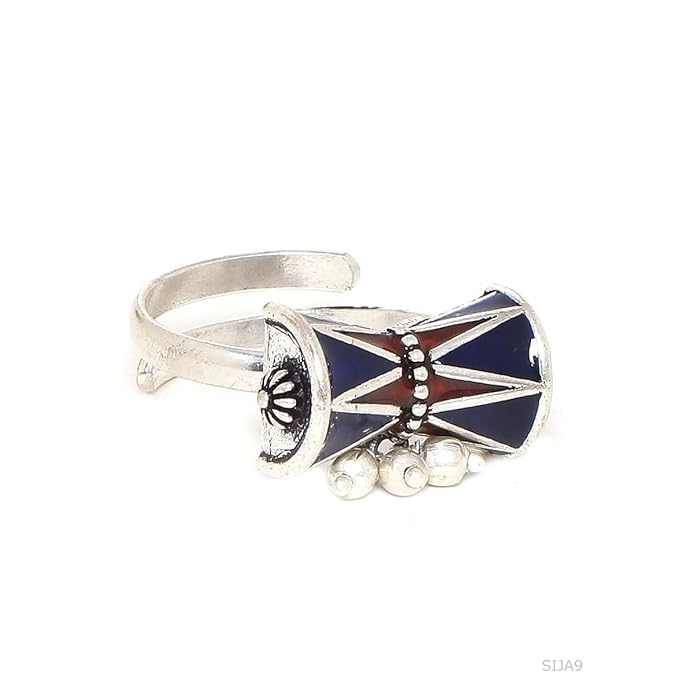 Silver Tone Damru Oxidised Ring