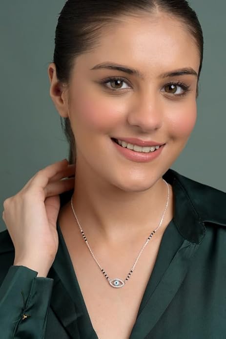 Evil Eye Mangalsutra in 925 Sterling Silver Tanmaniya Pendant with Black Beads Chain Platinum Plated