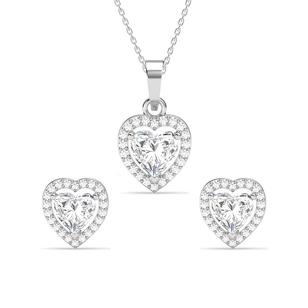 Diamond Pendant Set with Earrings in Sterling Silver Zilvia Heart Solitaire Design with Platinum Plated Swiss Zirconia