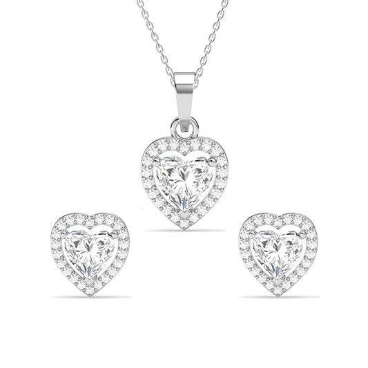 Diamond Pendant Set with Earrings in Sterling Silver Zilvia Heart Solitaire Design with Platinum Plated Swiss Zirconia