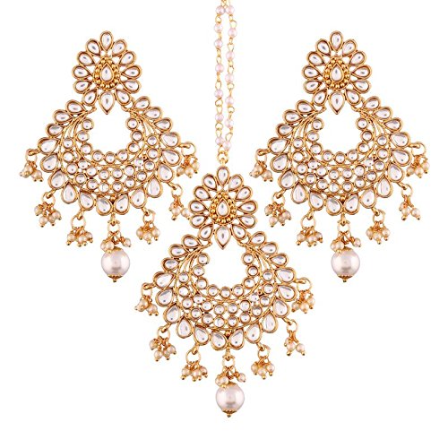Big Maang Tikka and Earrings Set in Gold Plated Kundan & Pearl Traditional Design