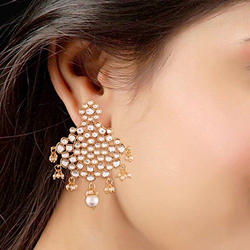 Diamond Mang Tika Style in Gold Plated Kundan & Pearl Earring Set