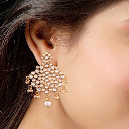 Diamond Mang Tika Style in Gold Plated Kundan & Pearl Earring Set