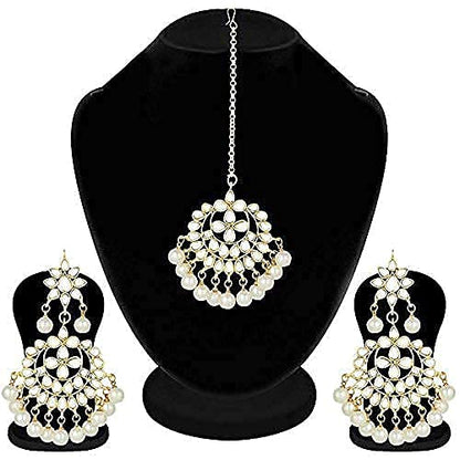 Bridal Mang Tika in Gold Plated Pearl and Kundan Studded Earring Set