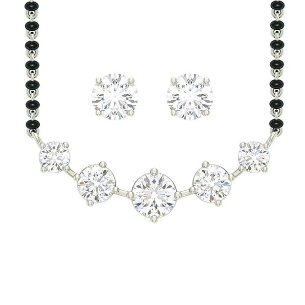Indian Mangalsutra in 925 Sterling Silver 5 Stone Traditional Design with Earrings and Chain Platinum Plated