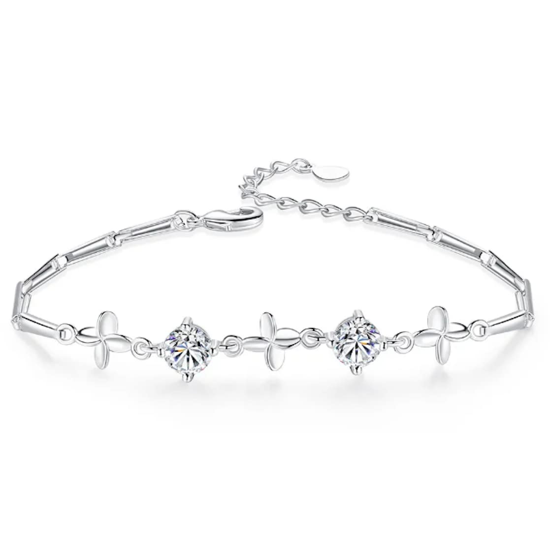 Silver Plated Clover Charm Bracelet with Cubic Zirconia Stones for Women & Girls
