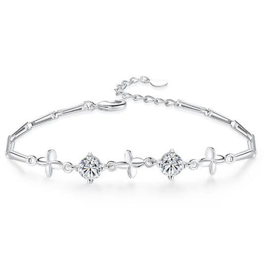 Silver Plated Clover Charm Bracelet with Cubic Zirconia Stones for Women & Girls