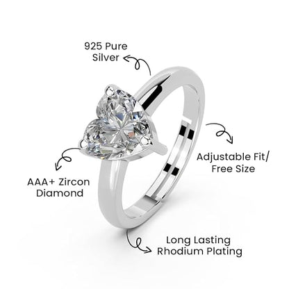 Silver Diamond Heart Ring in 925 Pure Sterling Silver Adjustable Elegant Design