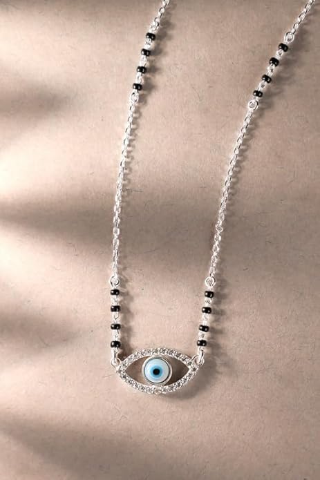 Evil Eye Mangalsutra in 925 Sterling Silver Tanmaniya Pendant with Black Beads Chain Platinum Plated