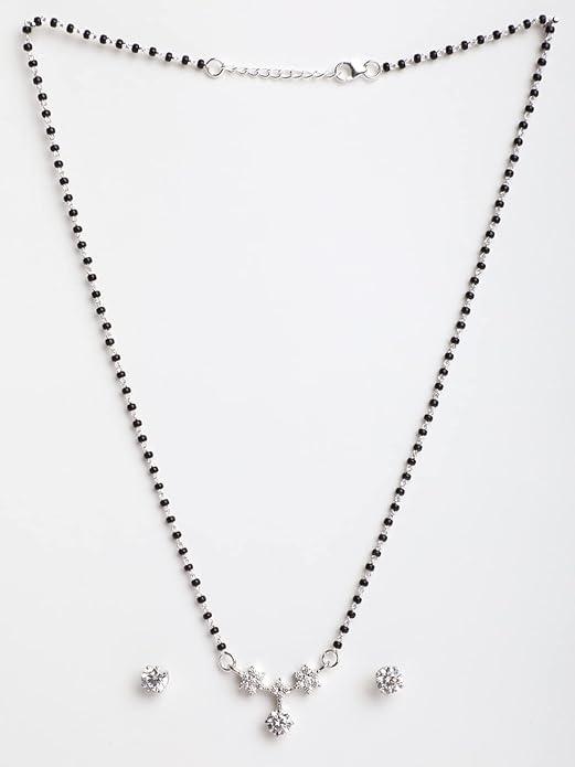 Simple Mangalsutra in 925 Sterling Silver Elegant Stone Studded Design with Earrings and Chain Platinum Plated Swiss Zirconia for Wife