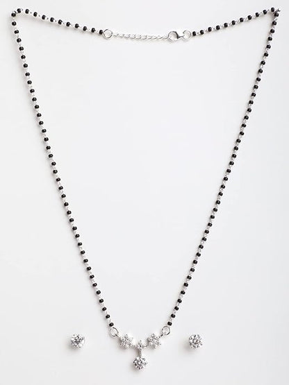 Simple Mangalsutra in 925 Sterling Silver Elegant Stone Studded Design with Earrings and Chain Platinum Plated Swiss Zirconia for Wife