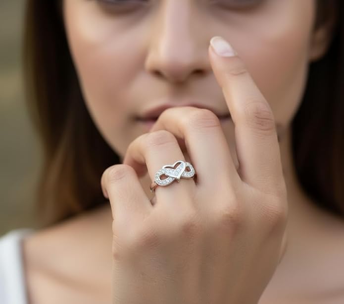 Diamond Engagement Rings in Pure Silver Infinity Heart Style Adjustable Design