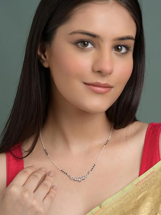Traditional Mangalsutra in 925 Sterling Silver Tanmaniya Pendant with Black Beads Chain Platinum Plated Swiss Zirconia