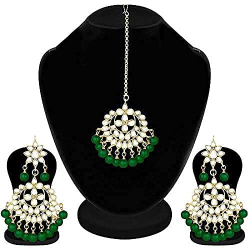 Bridal Mang Tika in Gold Plated Pearl and Kundan Studded Earring Set