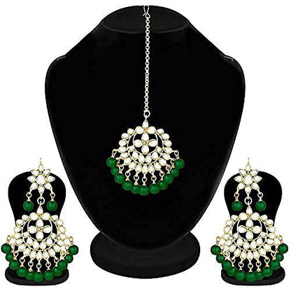Bridal Mang Tika in Gold Plated Pearl and Kundan Studded Earring Set
