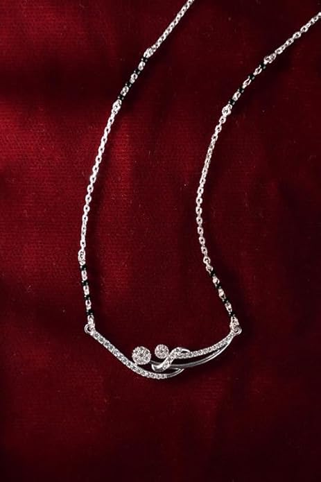 Black Beads Mangalsutra in 925 Sterling Silver Tanmaniya Pendant with Classic Black Beads Chain Platinum Plated