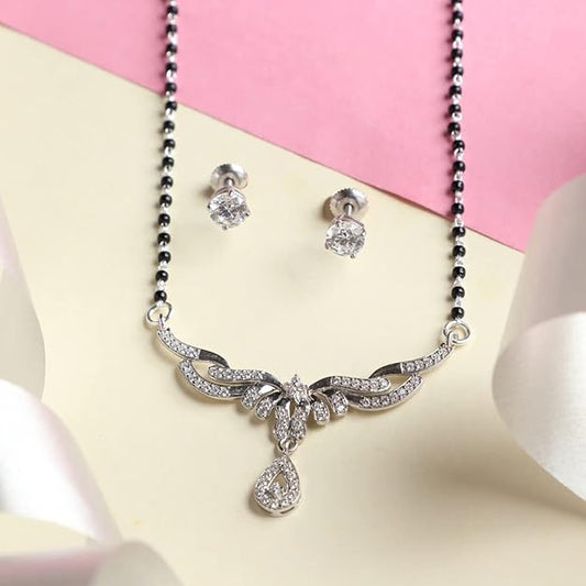 Mangalsutra for Marriage in 925 Sterling Silver Elegant Stone Studded Design with Earrings and Chain