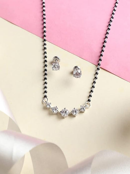 Indian Mangalsutra in 925 Sterling Silver 5 Stone Traditional Design with Earrings and Chain Platinum Plated