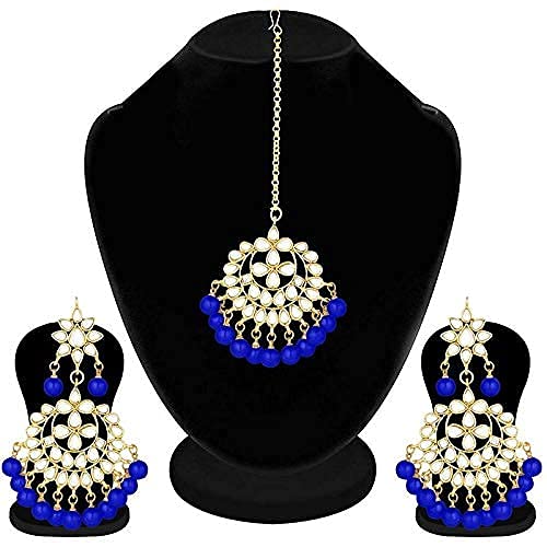 Bridal Mang Tika in Gold Plated Pearl and Kundan Studded Earring Set