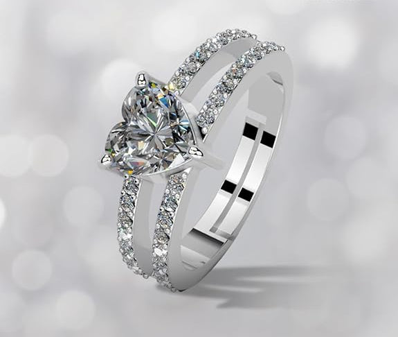 Silver Heart Ring with Diamonds in 925 Pure Sterling Silver Adjustable Design