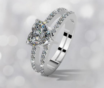 Silver Heart Ring with Diamonds in 925 Pure Sterling Silver Adjustable Design