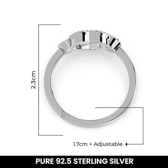 Silver Diamond Heart Ring in 925 Pure Sterling Silver Adjustable Elegant Design